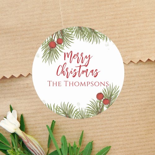 Christmas Simple Red Holly Berries Pine Leaves Classic Round Sticker