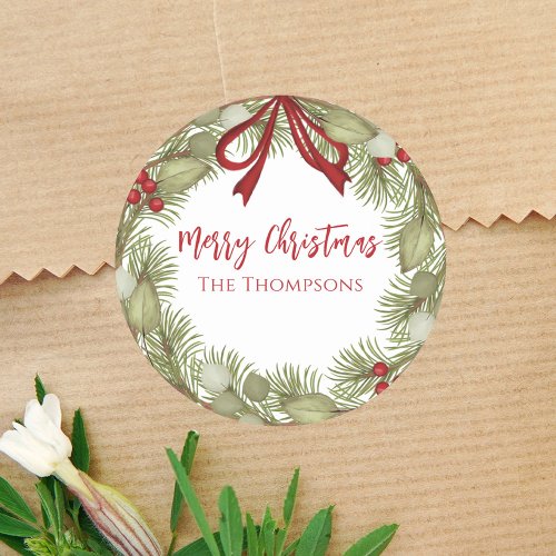 Christmas Simple Red Holly Berries Pine Wreath  Classic Round Sticker