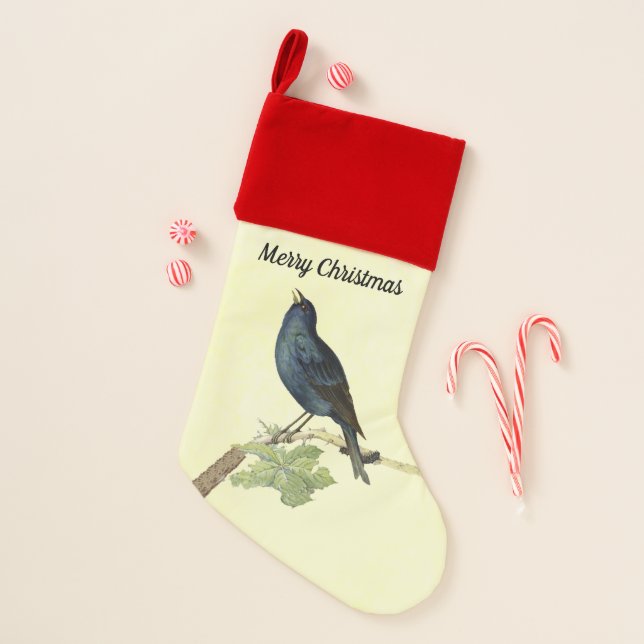 Christmas Singing Black Bird Caterpillar on Branch Stocking (Front)