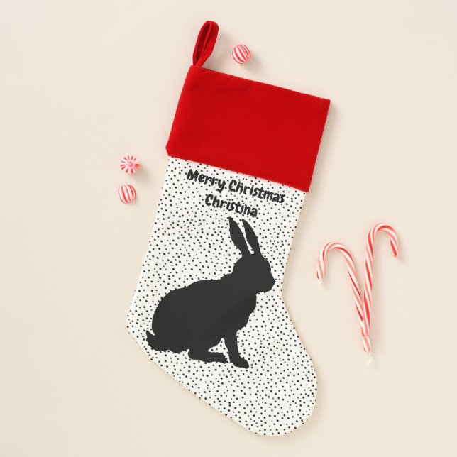 Christmas Sitting Black Silhouette Rabbit Dots Christmas Stocking (Front)
