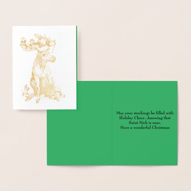 Christmas Sitting Moose with Gifts Whimsical Foil Card (Display)