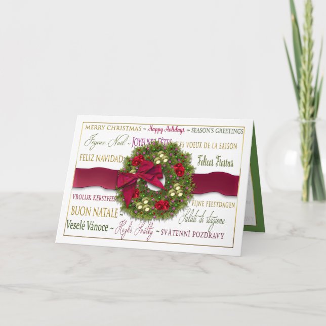 Christmas - Six Languages - International - Wreath Holiday Card (Front)