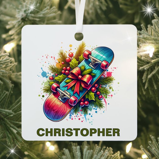 Christmas Skateboard Enthusiast Custom Name Metal Ornament (Creator Uploaded)