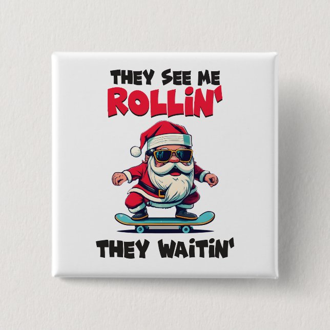 Christmas Skateboarding Santa Button (Front)