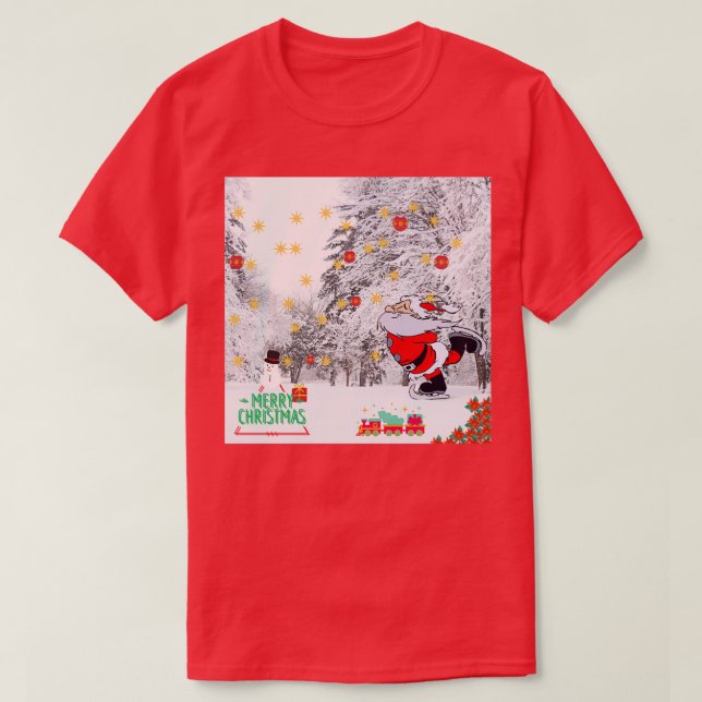 Christmas Skateboarding Santa With Full Party its  T-Shirt (Design Front)