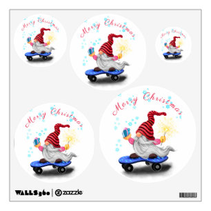 Christmas Skater Gnome with Gift Wall Decal