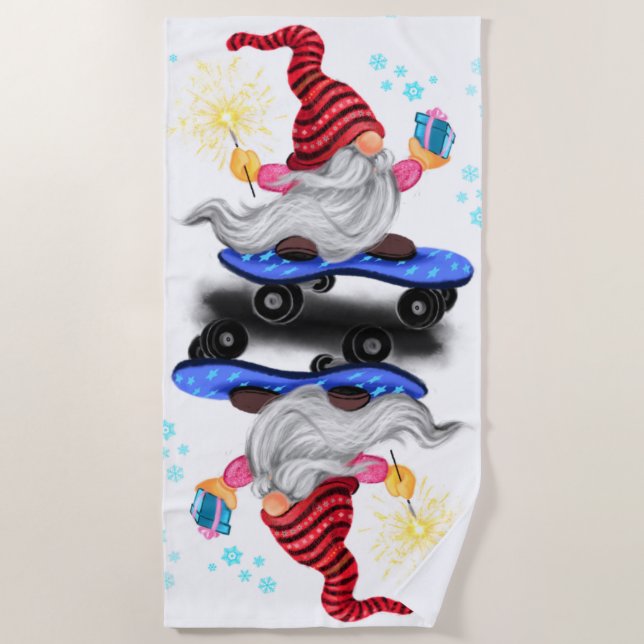 Christmas Skater Gnomes with Gift Beach Towel (Front)