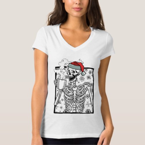 Christmas Skeleton and Smiling Skull drinking Coff T_Shirt