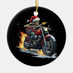 Christmas Skeleton Biker Rock Music Flame Santa  Ceramic Ornament