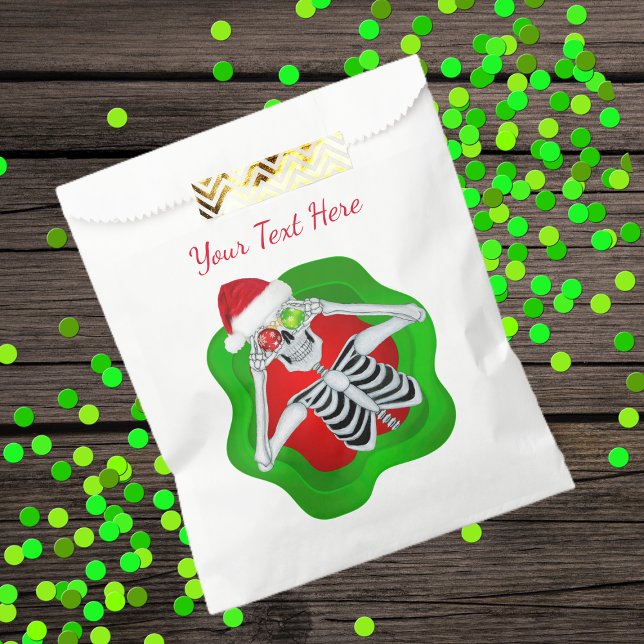 Christmas Skeleton Bright Red Green Hat Funny Favor Bag (Funny Christmas skeleton in red green wavy circle shape ornament eyes on favour or gift bag.)