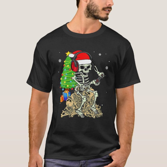 Christmas Skeleton Gamer Pajama Xmas Tree Family G T-Shirt (Front)