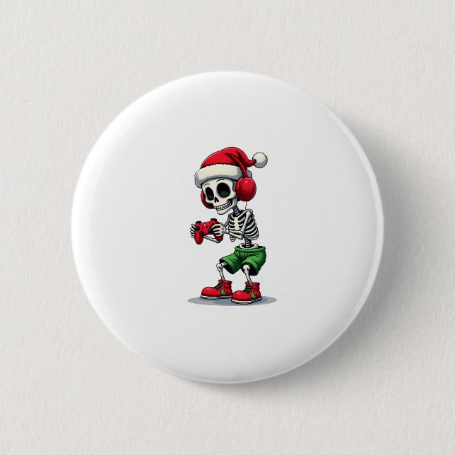 Christmas skeleton Gamer Pajamas xmas skull gaming Button (Front)