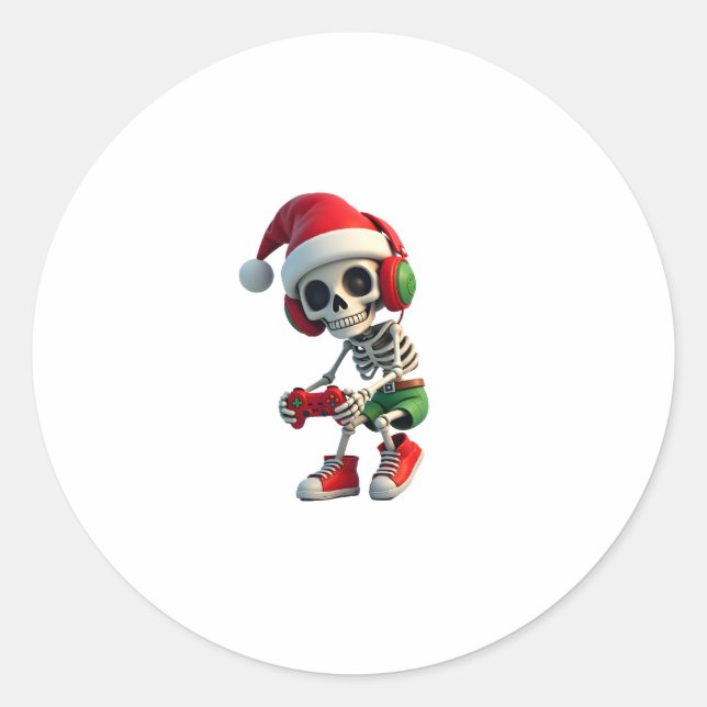 Christmas skeleton Gamer Pajamas xmas skull gaming Classic Round Sticker (Front)