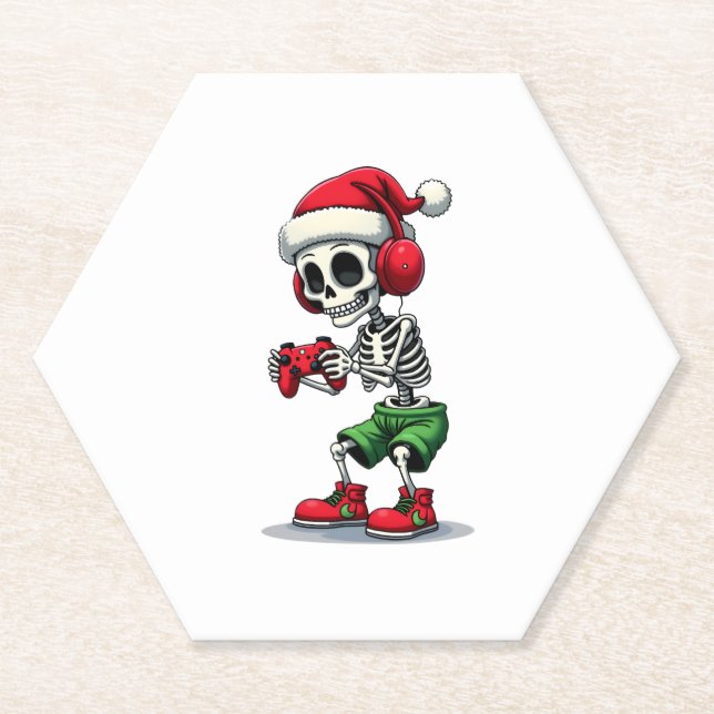 Christmas skeleton Gamer Pajamas xmas skull gaming Paper Coaster (Front)
