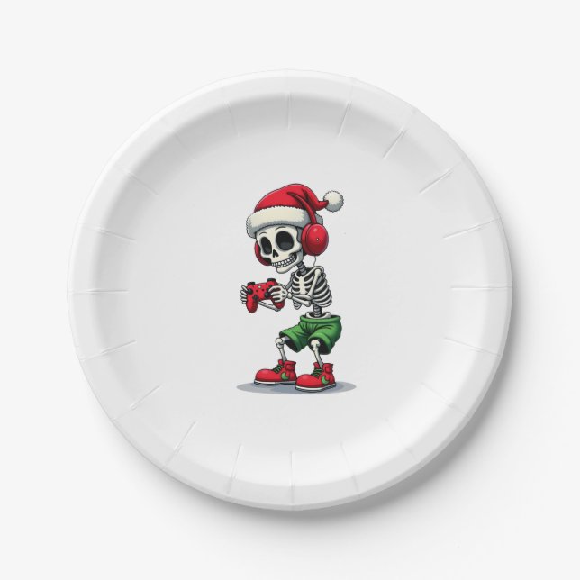 Christmas skeleton Gamer Pajamas xmas skull gaming Paper Plates (Front)