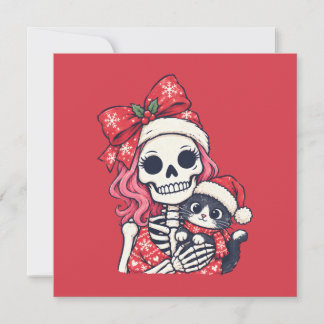 Christmas Skeleton Girl With Cat  Holiday Card