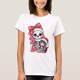 Christmas Skeleton Girl With Cat  T-Shirt