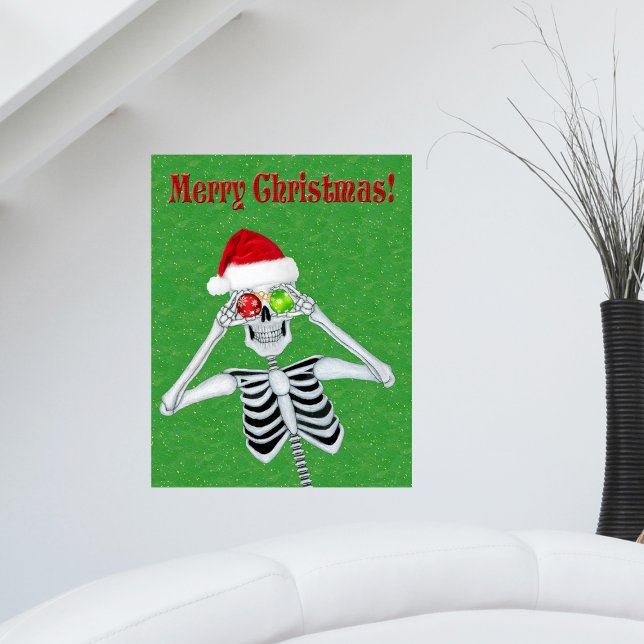 Christmas Skeleton Hat Ornaments Green Gold flecks Poster (Fun Merry Christmas Skeleton with ornament eyes Santa Hat on Green with gold flecks artwork poster.)