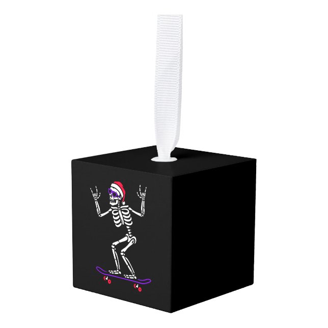 CHRISTMAS SKELETON ON SKATEBOARD FUNNY XMAS   CUBE ORNAMENT (Front Angled)
