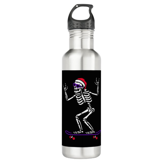 CHRISTMAS SKELETON ON SKATEBOARD FUNNY XMAS   STAINLESS STEEL WATER BOTTLE (Front)