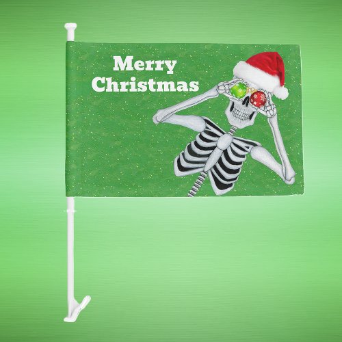 Christmas Skeleton Ornament Eyeballs Hat Green Car Flag