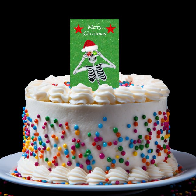 Christmas Skeleton Ornament Eyes Red Stars Green Cake Topper (Christmas Skeleton ornament Eyeballs red stars gold sparkles on green holiday cake topper decoration)