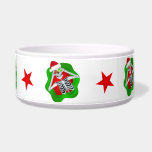 Christmas Skeleton Ornaments Red Green Stars Bowl<br><div class="desc">This pet food bowl is circled with fun Christmas skeletons holding ornaments up to their eyeballs in red Santa hats inside bright red and green abstract splatter shapes with red stars in between.</div>