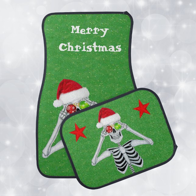 Christmas Skeleton Ornaments Santa Hat Stars Green Car Floor Mat (Christmas Skeletons stars, faux gold sparkles, ornament eyes on green car mats.)