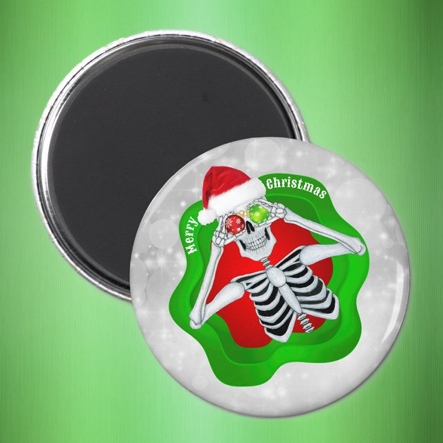 Christmas skeleton Ornaments Splatter shape Circle Magnet (Fun Skeleton ornament Eyes Santa hat white circles on Merry Christmas magnet.)