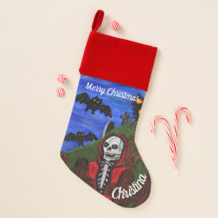 Christmas Skeleton Red Cape House Bats Wood Fence Stocking