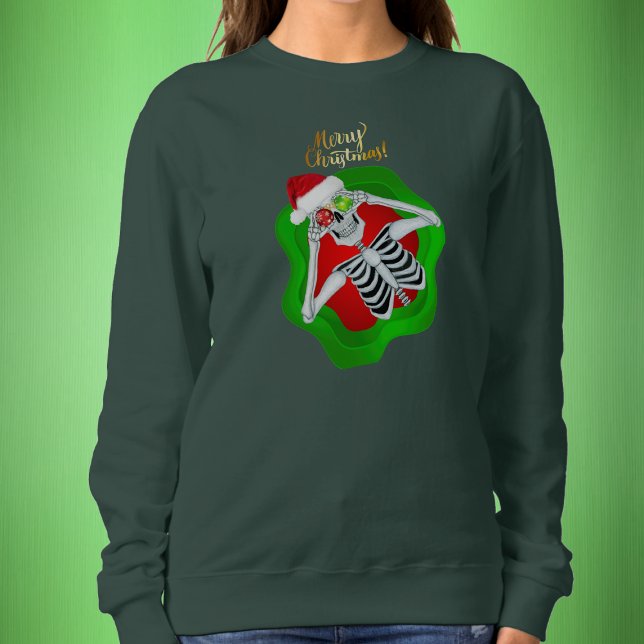 Christmas Skeleton Red Santa Hat Ornaments Green Sweatshirt (Fun Merry Christmas skeleton Santa Hat in green and red splatter shape on sweatshirt.)