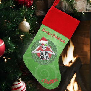 Christmas Skeleton Santa Hat in Green Pine Wreath Stocking