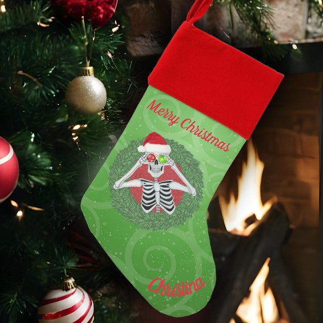 Christmas Skeleton Santa Hat in Green Pine Wreath Stocking (Creator Uploaded)