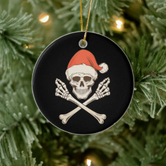 Christmas Skeleton Skull Santa Hat Xmas Holiday Ceramic Ornament