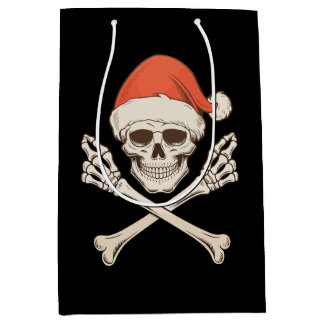 Christmas Skeleton Skull Santa Hat Xmas Holiday Medium Gift Bag