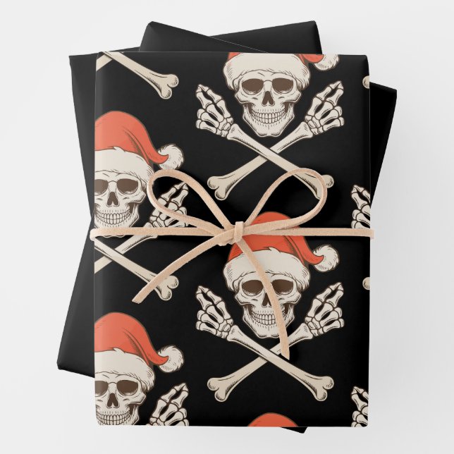 Christmas Skeleton Skull Santa Hat Xmas Holiday Wrapping Paper Sheets (In situ)