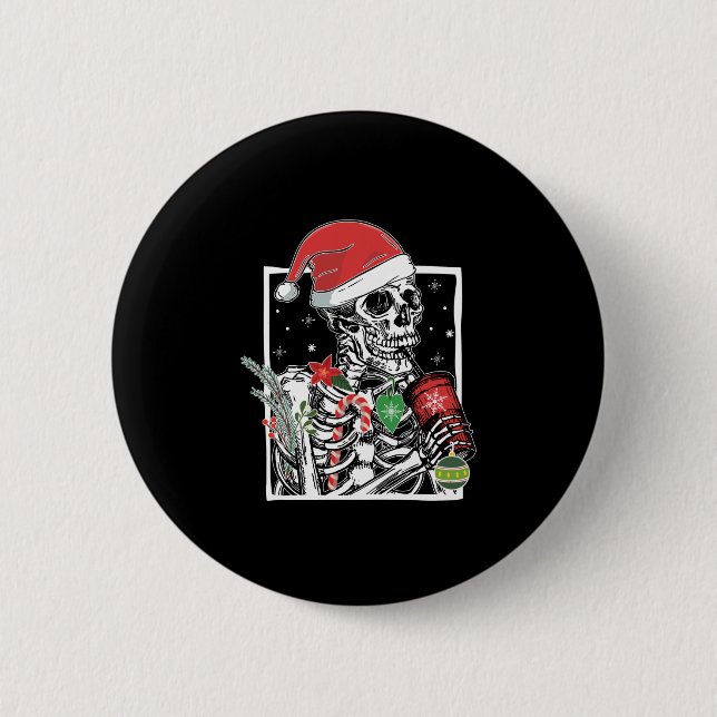 Christmas Skeleton Smiling Skull Drinking Coffee S Button (Front)