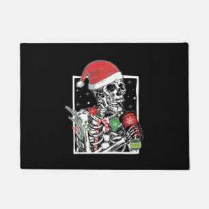 Christmas Skeleton Smiling Skull Drinking Coffee S Doormat