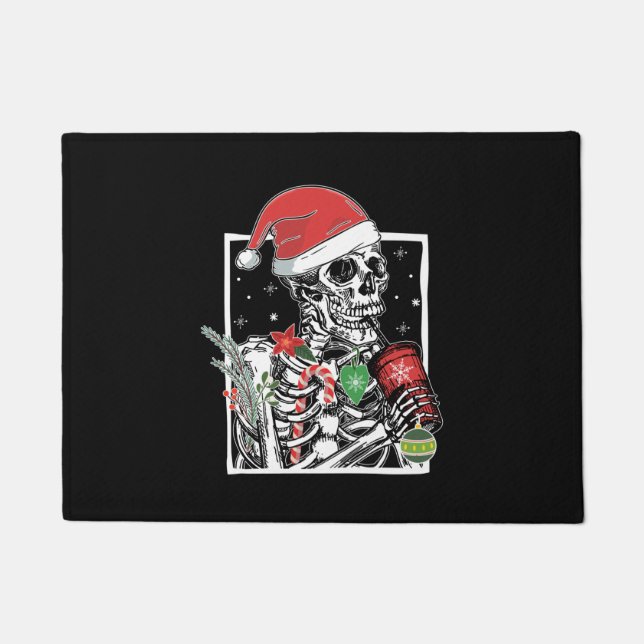 Christmas Skeleton Smiling Skull Drinking Coffee S Doormat (Front)