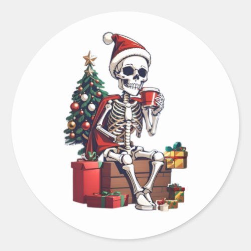 Christmas Skeleton Wearing Santa Outfit Classic Round Sticker