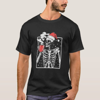 Christmas Skeleton With Smiling Funny Drinking Cof T-Shirt