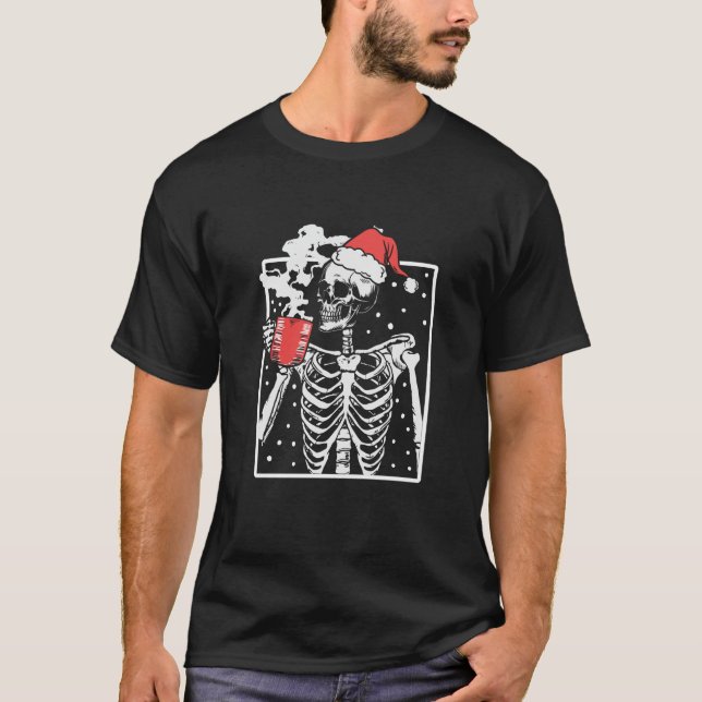 Christmas Skeleton With Smiling Funny Drinking Cof T-Shirt (Front)