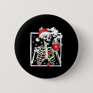 Christmas Skeleton With Smiling Skull Drinking Cof Button