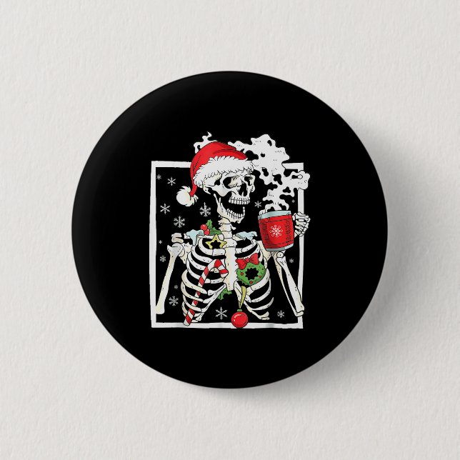 Christmas Skeleton With Smiling Skull Drinking Cof Button (Front)