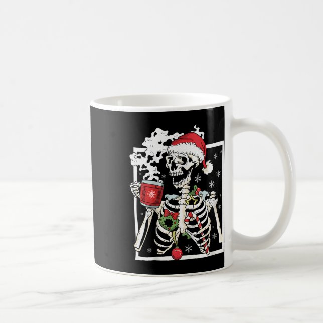 Christmas Skeleton With Smiling Skull Drinking Cof Coffee Mug (Right)