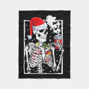 Christmas Skeleton With Smiling Skull Drinking Cof Fleece Blanket