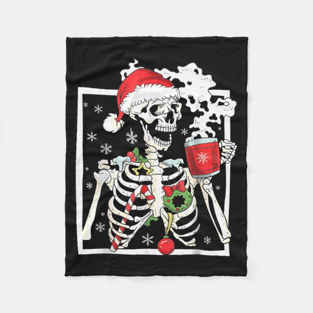 Christmas Skeleton With Smiling Skull Drinking Cof Fleece Blanket (Front)