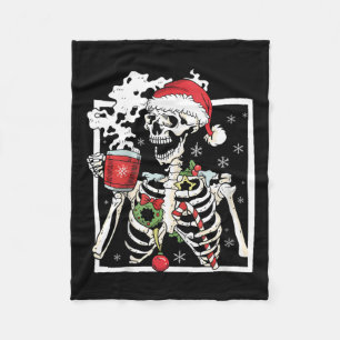 Christmas Skeleton With Smiling Skull Drinking Cof Fleece Blanket