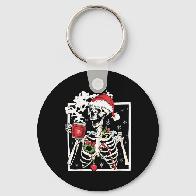 Christmas Skeleton With Smiling Skull Drinking Cof Keychain (Front)