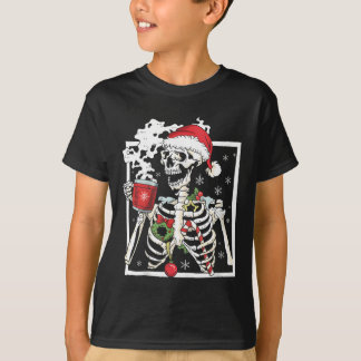 Christmas Skeleton With Smiling Skull Drinking Cof T-Shirt